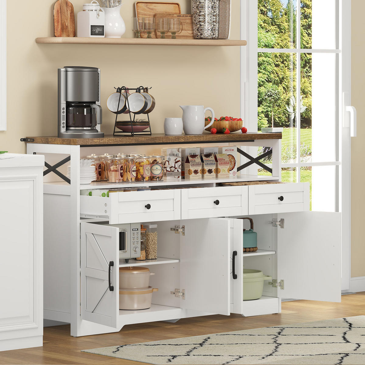 SIDEBOARD 140/35/95 cm Braun + Weiß mit 3 Schubladen, Türen und Einlegeböden - Weiß, Holz (140/95/35cm) - Oxeza