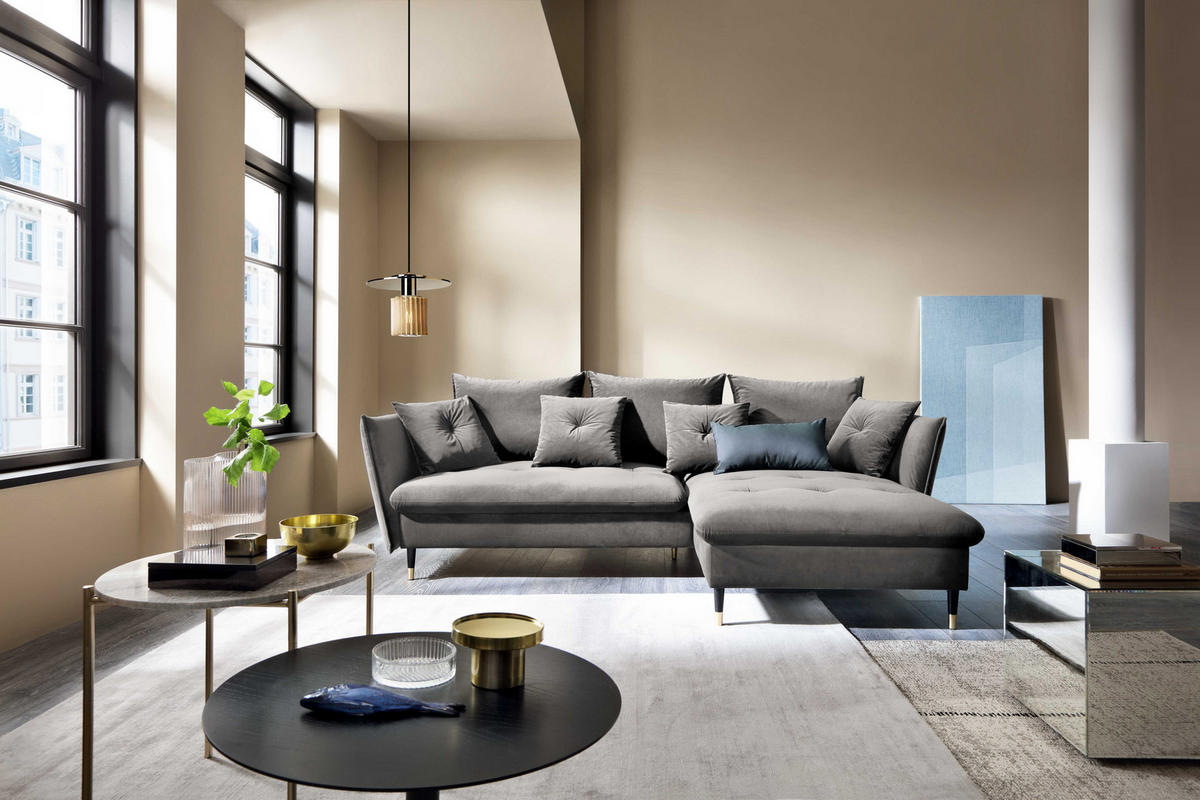 ECKSOFA GLAM mit Schlaffunktion, Ottomane & goldenen Füßen – Samtsofa im Glamour-Stil mit Zierkissen, 258x167x91 cm, rechte, grau​ - Grau, Holz/Textil (258/167cm) - DomoHome