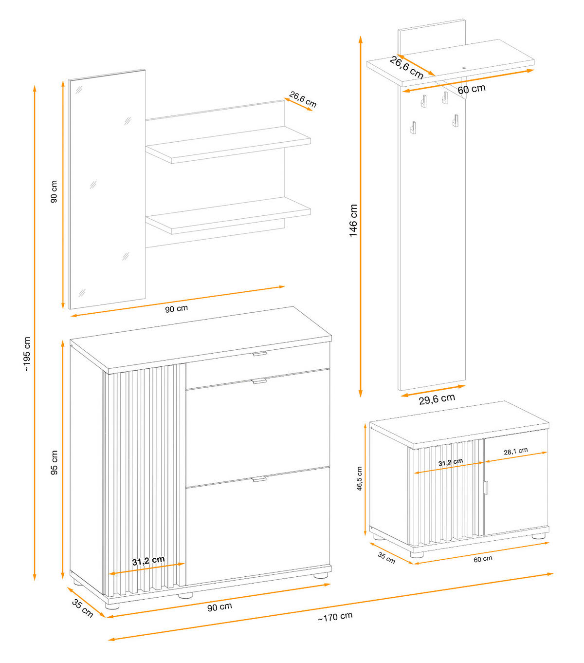 GARDEROBE Set Eiche Jackson, schwarz 170 cm, Garderobenkombination mit 3D-Lamellen - Eichefarben/Schwarz, Holzwerkstoff/Kunststoff (160/202/35cm) - Furn.Design