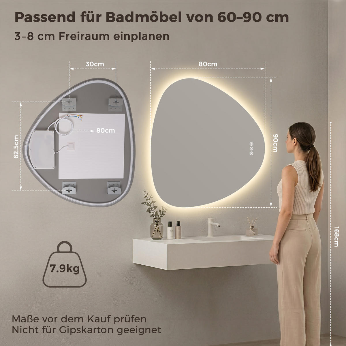BADEZIMMERSPIEGEL mit Beleuchtung 80/90 cm asymmetrisch rahmenlos LED dimmbar mit Antibeschlag - Transparent, Glas (90/80/2.5cm) - S'AFIELINA