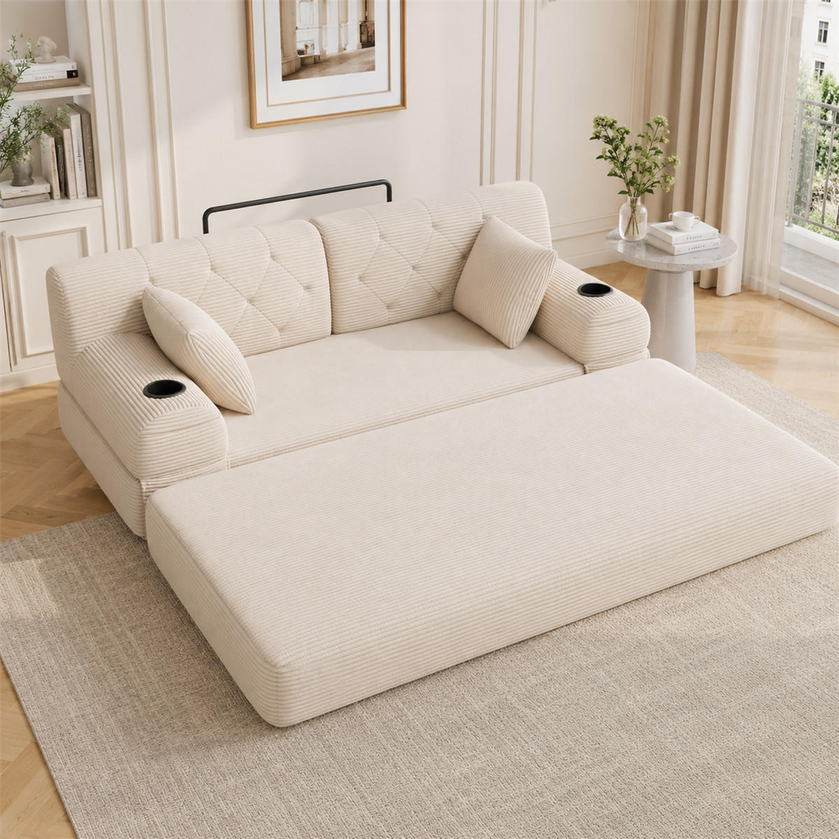 SCHLAFSOFA 2-Sitzer Cord Lounge mit Taschen & Getränkehaltern, Beige - Beige, Textil (168/81/80cm) - Kaket