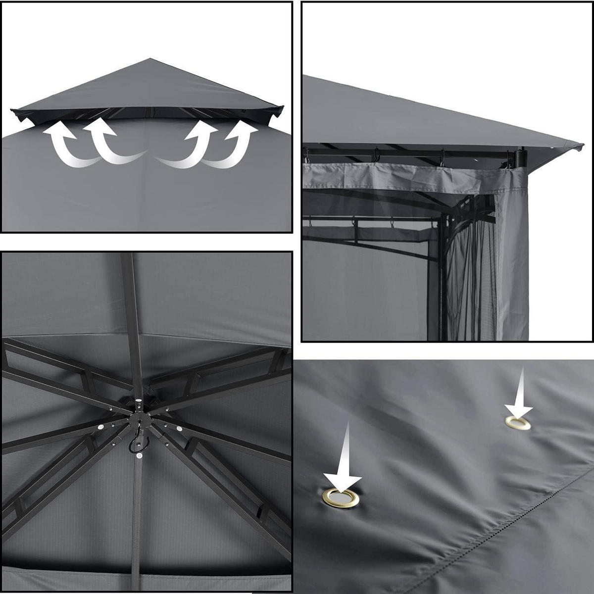 GARTENPAVILLON 2,5 x 2,5 m Grau mit Netz - Grau, Metall (274.3/280.4/274.3cm)