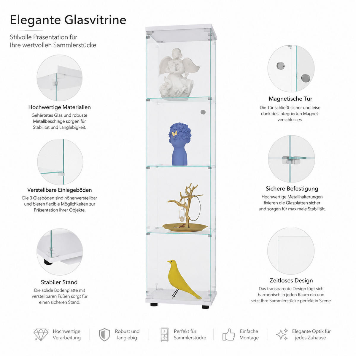VITRINE,TRANSPARENT, 4-stufig, Weiß Rahmen, staubdichte Glaswände ohne LED - Weiß, Glas (42.5/164/36.5cm) - Joyfair