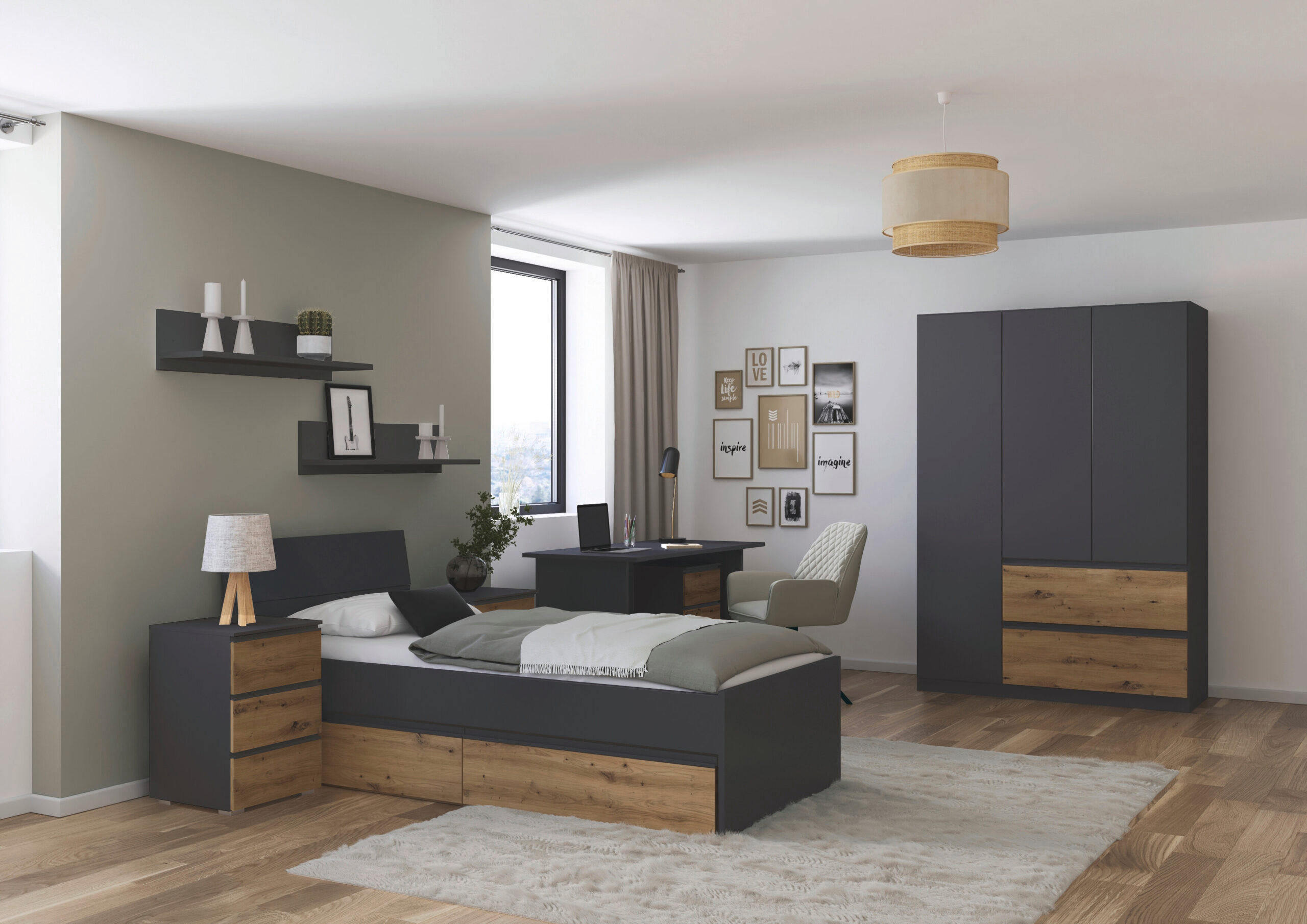 JUGENDZIMMER Joel in Grau Metallic und Artisan Eiche 5 teilig – mit 3trg Kleiderschrank, 90er Bett, Nachttisch, Schreibtisch und Rollcontainer - Grau, Holzwerkstoff (80/200/120cm)