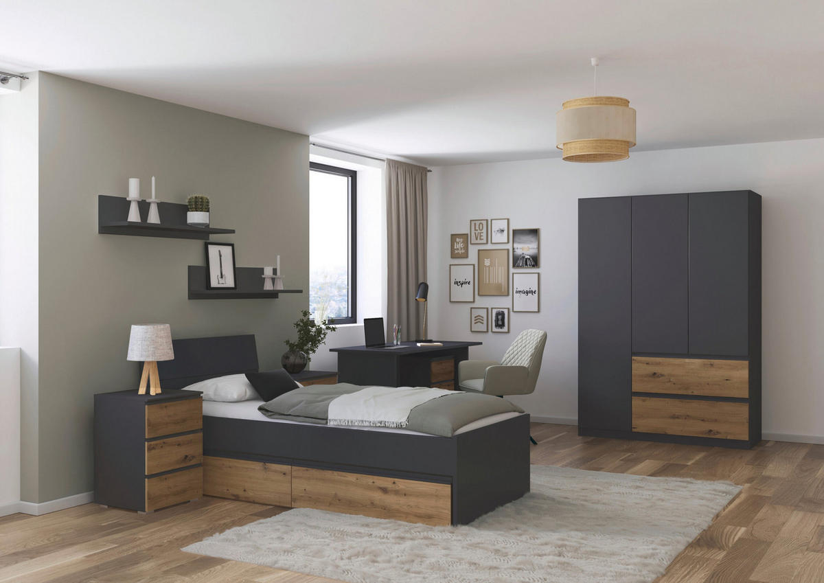 JUGENDZIMMER Joel in Grau Metallic und Artisan Eiche 5 teilig – mit 3trg Kleiderschrank, 90er Bett, Nachttisch, Schreibtisch und Rollcontainer - Grau, Holzwerkstoff (80/200/120cm)