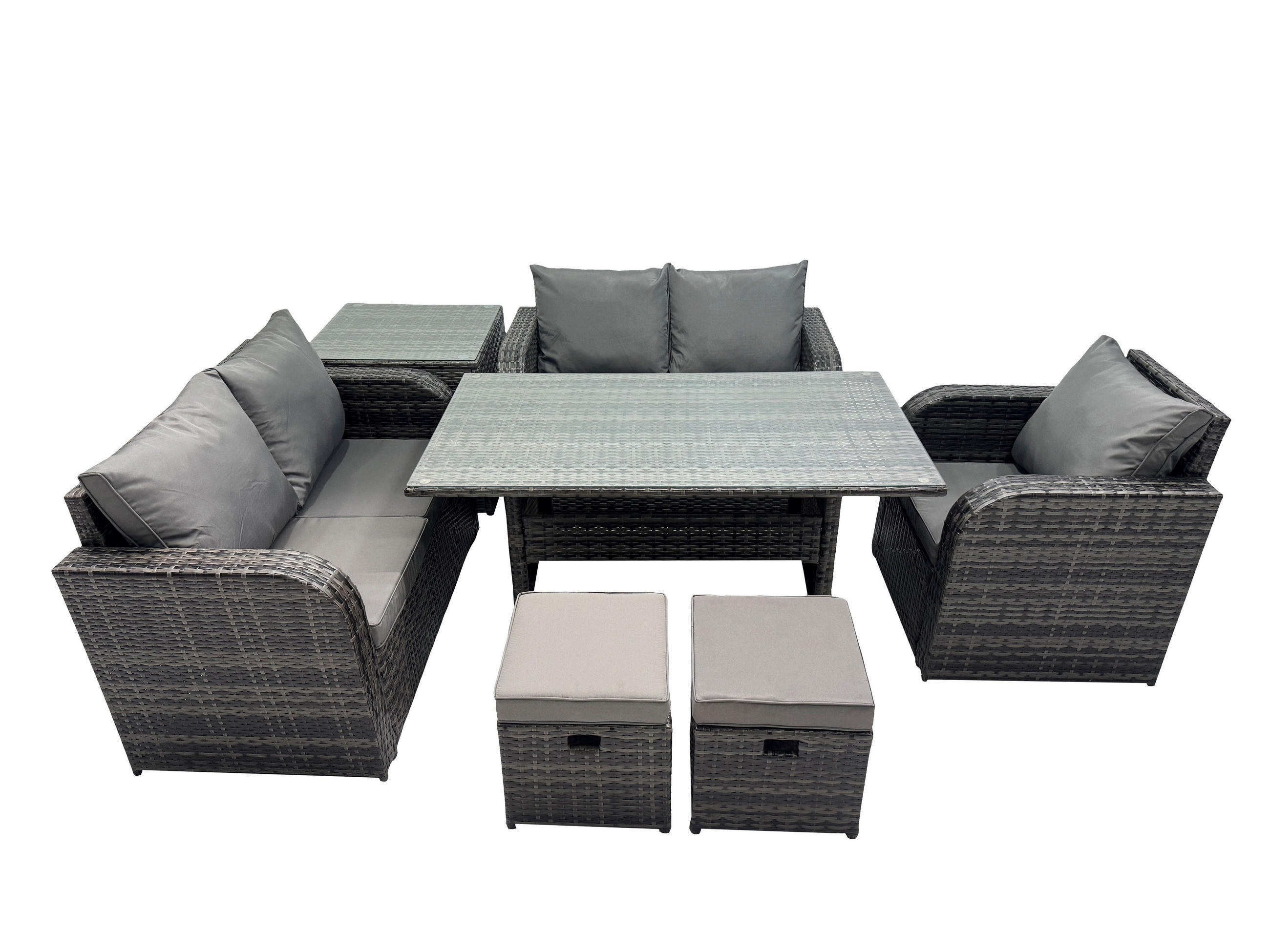 Gartenmöbelset mit Esstisch,Hockern,Beistelltisch Polyrattan Dunkelgrau 7-Sitzer - Dunkelgrau/Grau, Glas/Kunststoff - Fimous