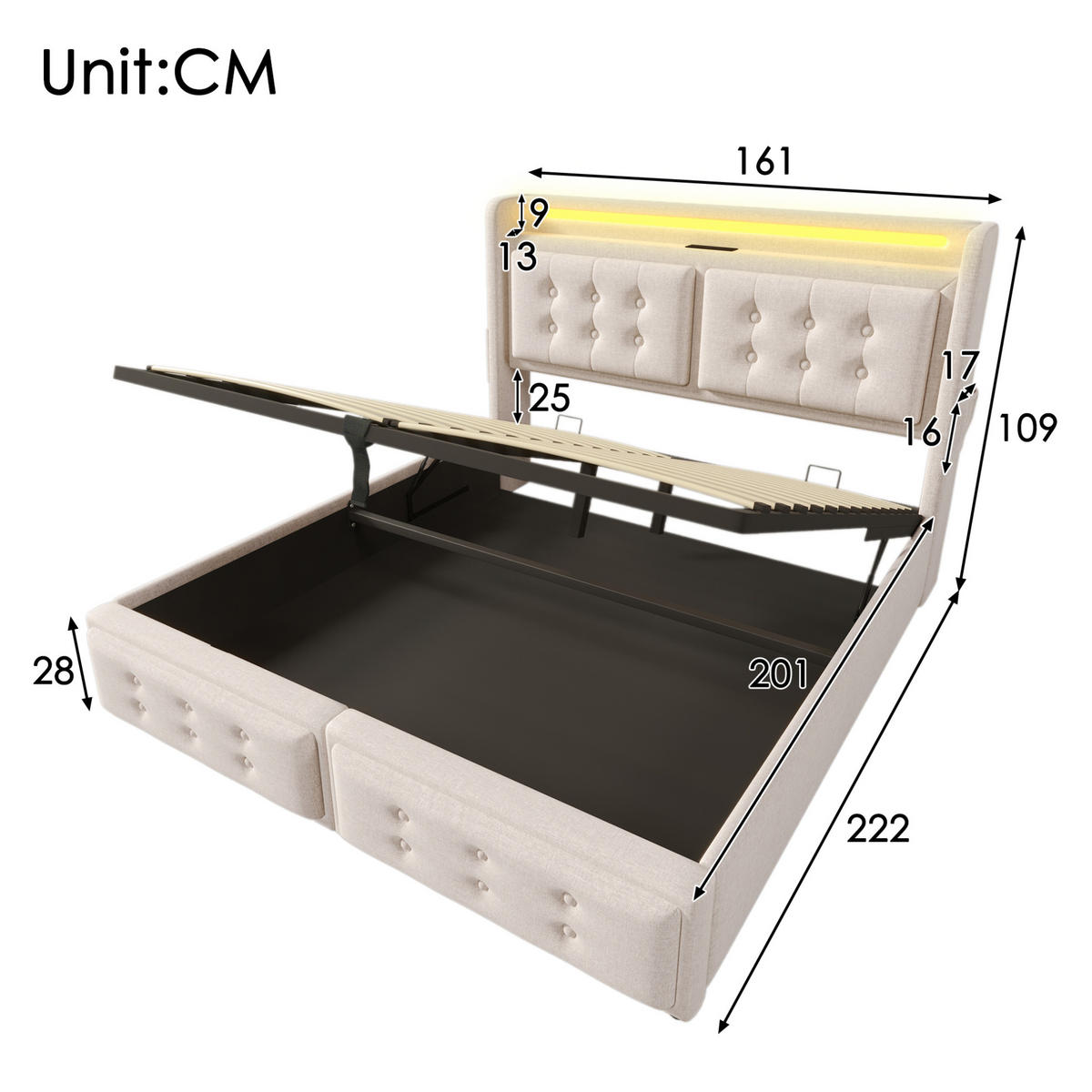 POLSTERBETT mit LED, USB und Stauraum 160x200 cm Beige - Beige, Metall (160/200cm) - Meubliv