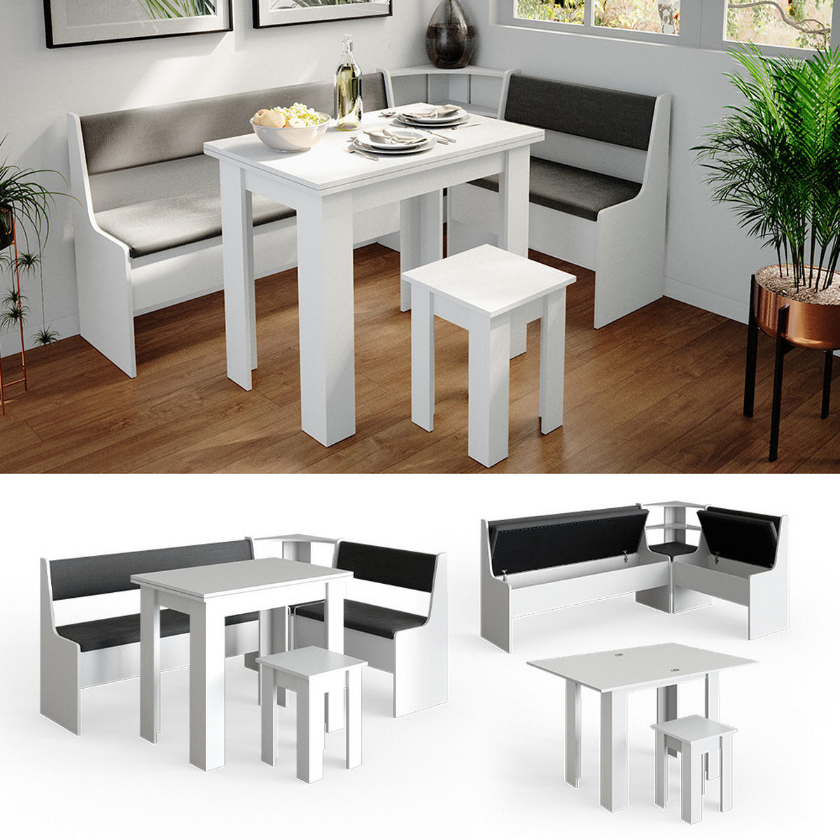 ECKBANKGRUPPE Roman Weiß 180 x 41.5 cm mit Tisch - Anthrazit/Weiß, Holzwerkstoff (180/80/120cm) - Vicco