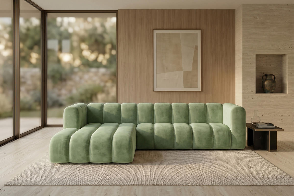 ECKSOFA Modulares In L-Form, Velvet-Stoff Riviera, Olive, Links, GRAND 287 cm - Olivgrün, Holz (287/179cm) - Kaiser Möbel
