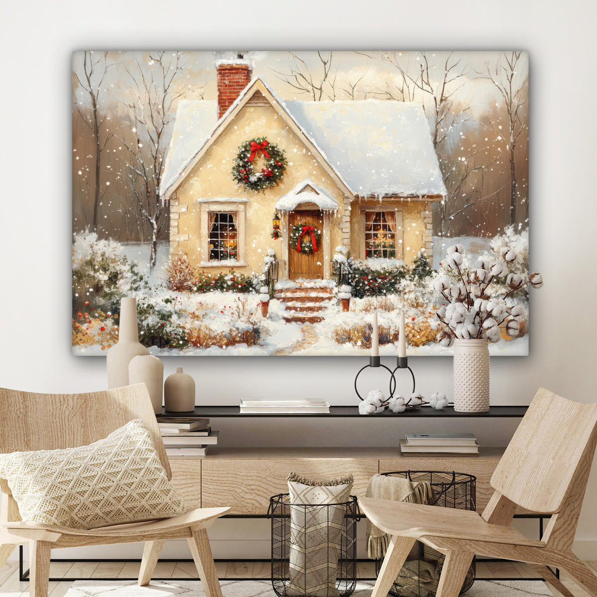 LEINWANDBILD Weihnachten - Zuhause - Winter - Schnee Wohnzimmer Groß 120x80 cm - Creme, Textil (120/80cm) - MuchoWow