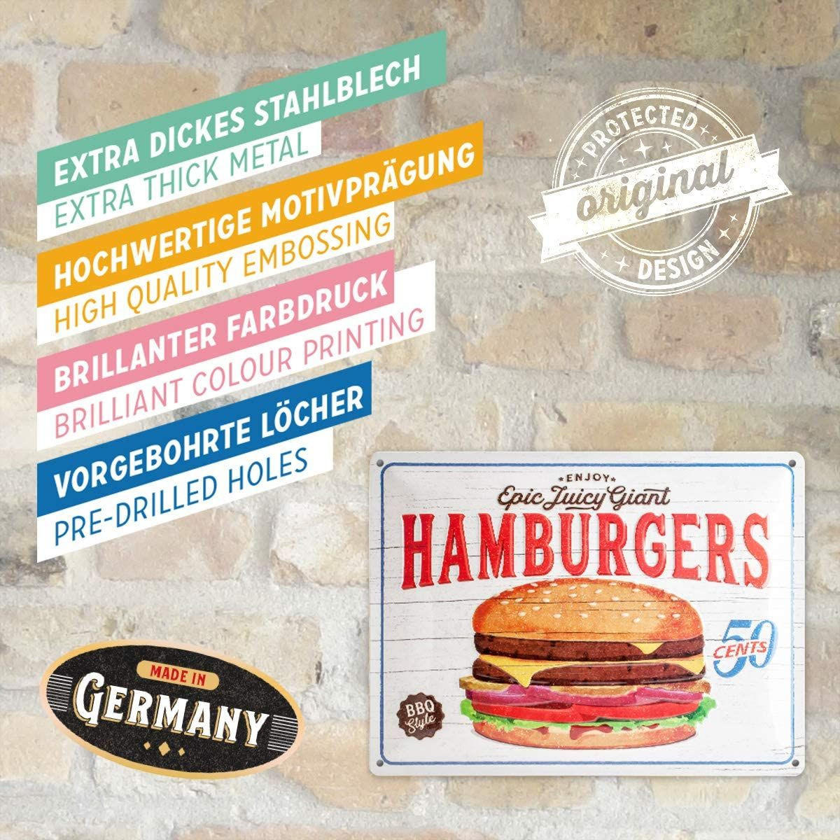 BLECHSCHILD 30/40 cm USA Hamburgers - Multicolor, Metall (40/30/0.2cm) - Nostalgic-Art
