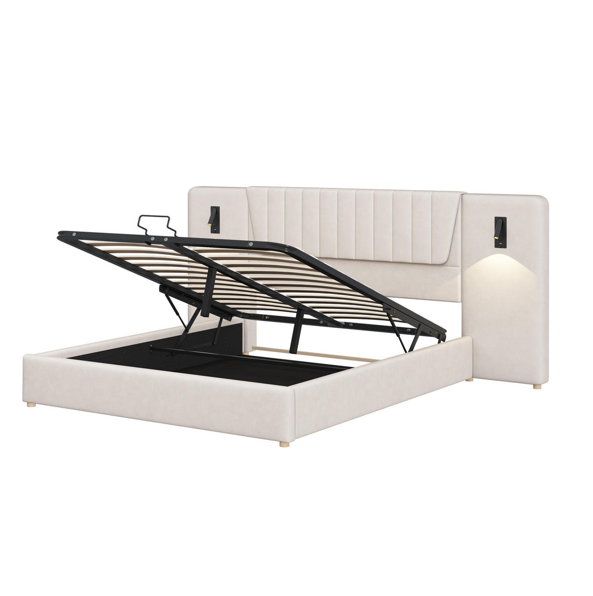 ČALÚNENÁ posteľ 180/200 cm s otočnými čítacími lampami, USB portom a hydraulickým úložným priestorom, Béžová - béžová, textil (180/200cm) - Redom
