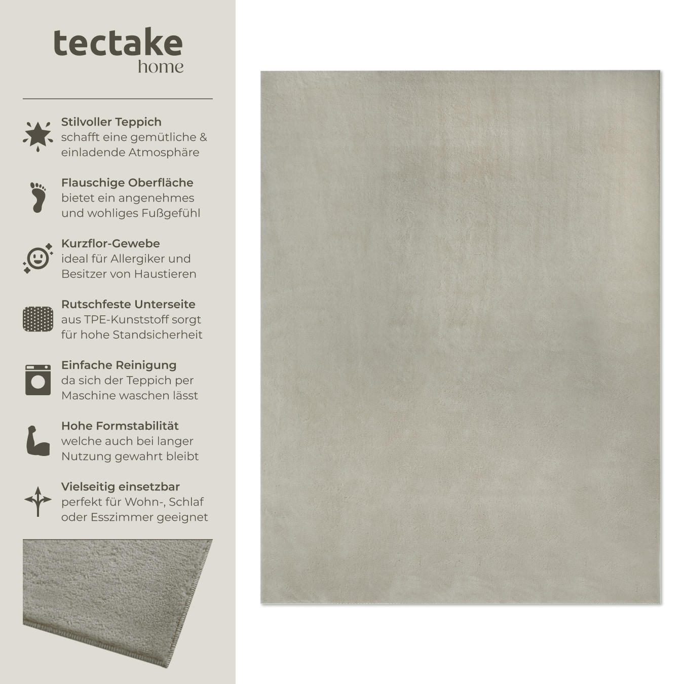 KURZFLORTEPPICH Soft Zone,rutschfeste Unterseite,Sand - Sandfarben, Textil (290/200cm) - tectake