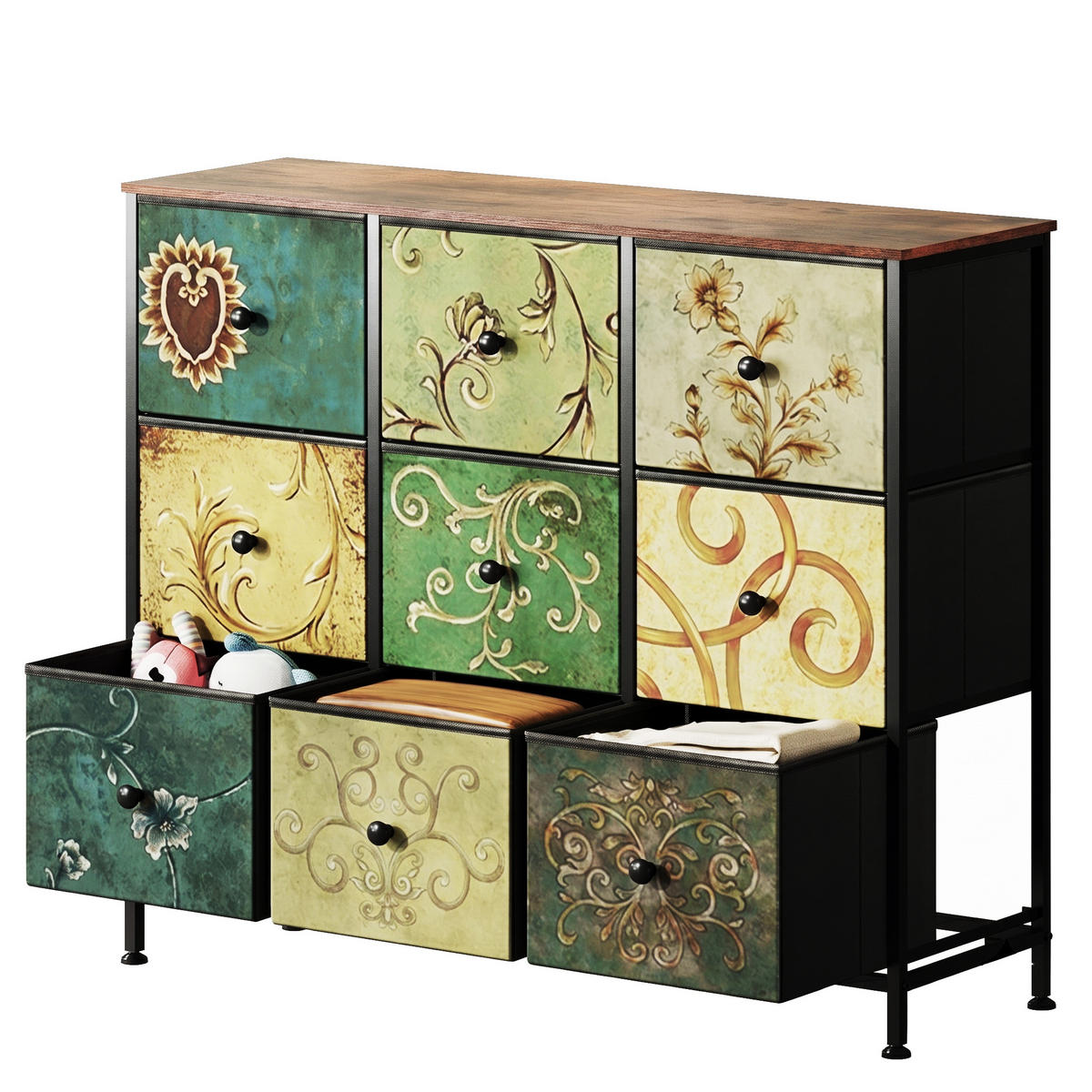 STOFFKOMMODE Vintage mit 9 Schubladen 100/30/86.5 cm Rustikal-Braun - Braun, Holzwerkstoff (100/86.5/30cm) - Creahappy