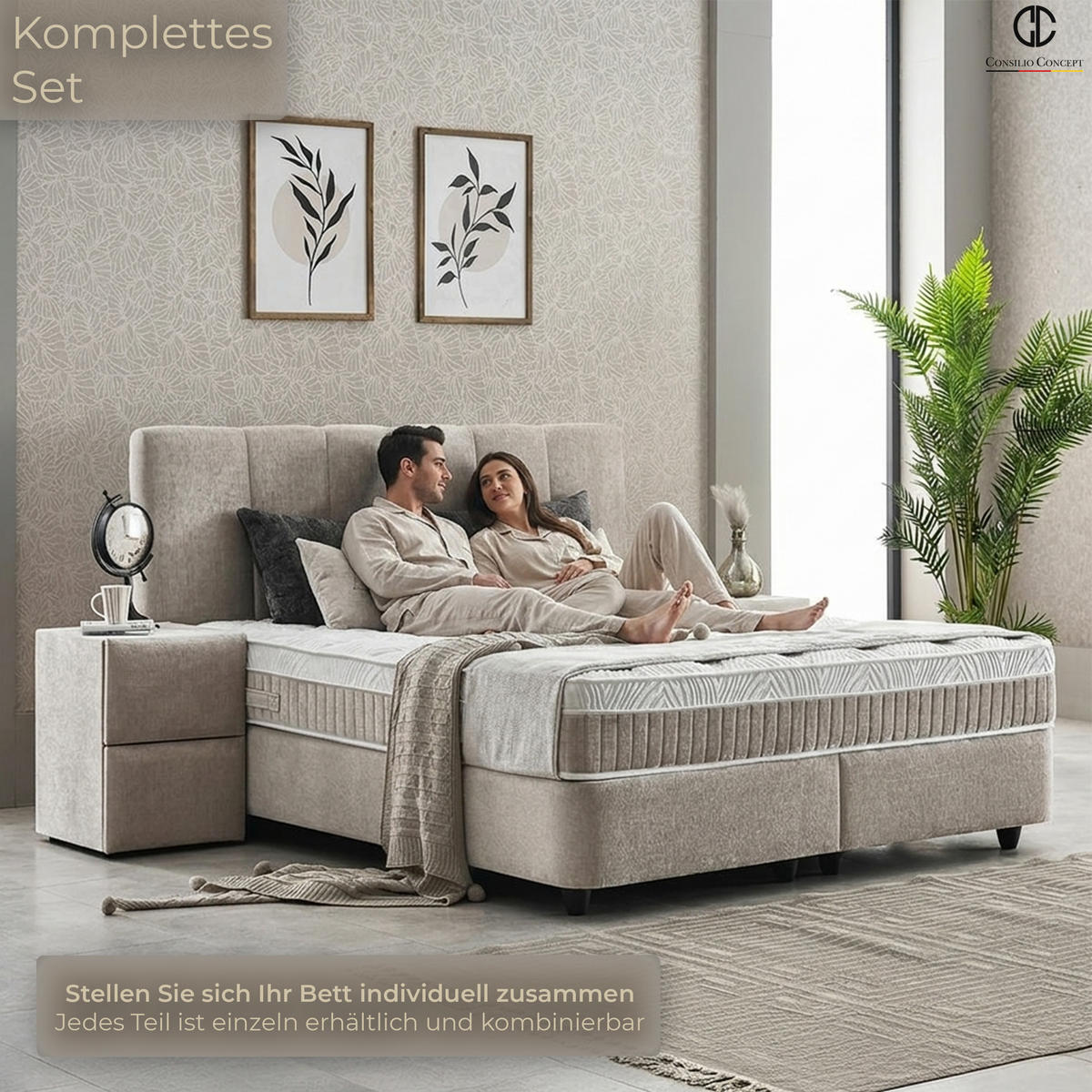 BOXSPRINGBETT MIT BETTKASTEN LISBOA 180/200 cm, Taupe, Bettkasten, Matratze, Topper integriert, H3 mittel - Taupe/Schwarz, Holz/Kunststoff (180/200cm) - Consilio Concept