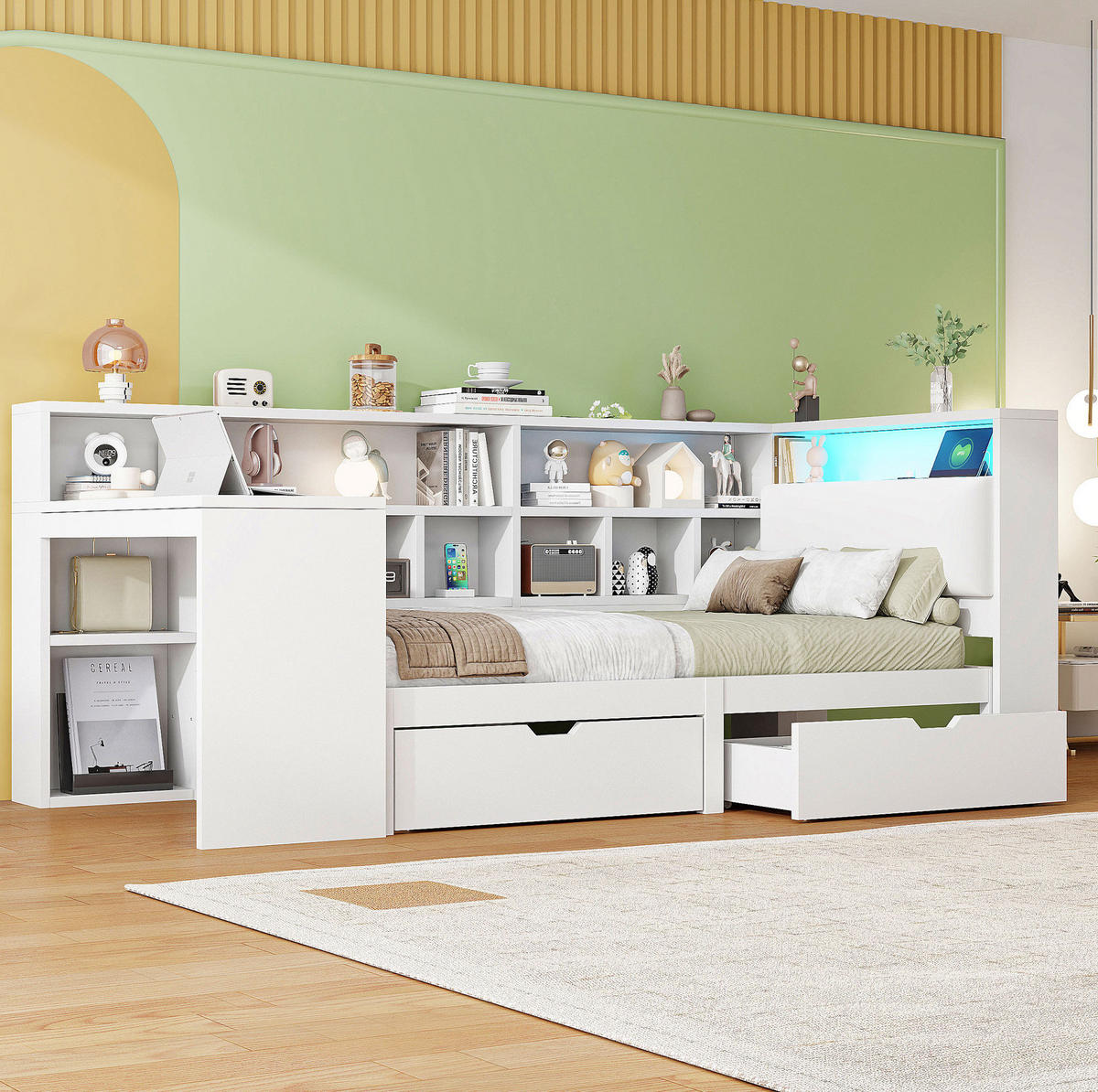 BETT 90/200 cm mit Kopfteil, Schreibtisch, Regal und Schubladen in Weiß - Weiß, Holzwerkstoff (90/200cm) - BEAOK