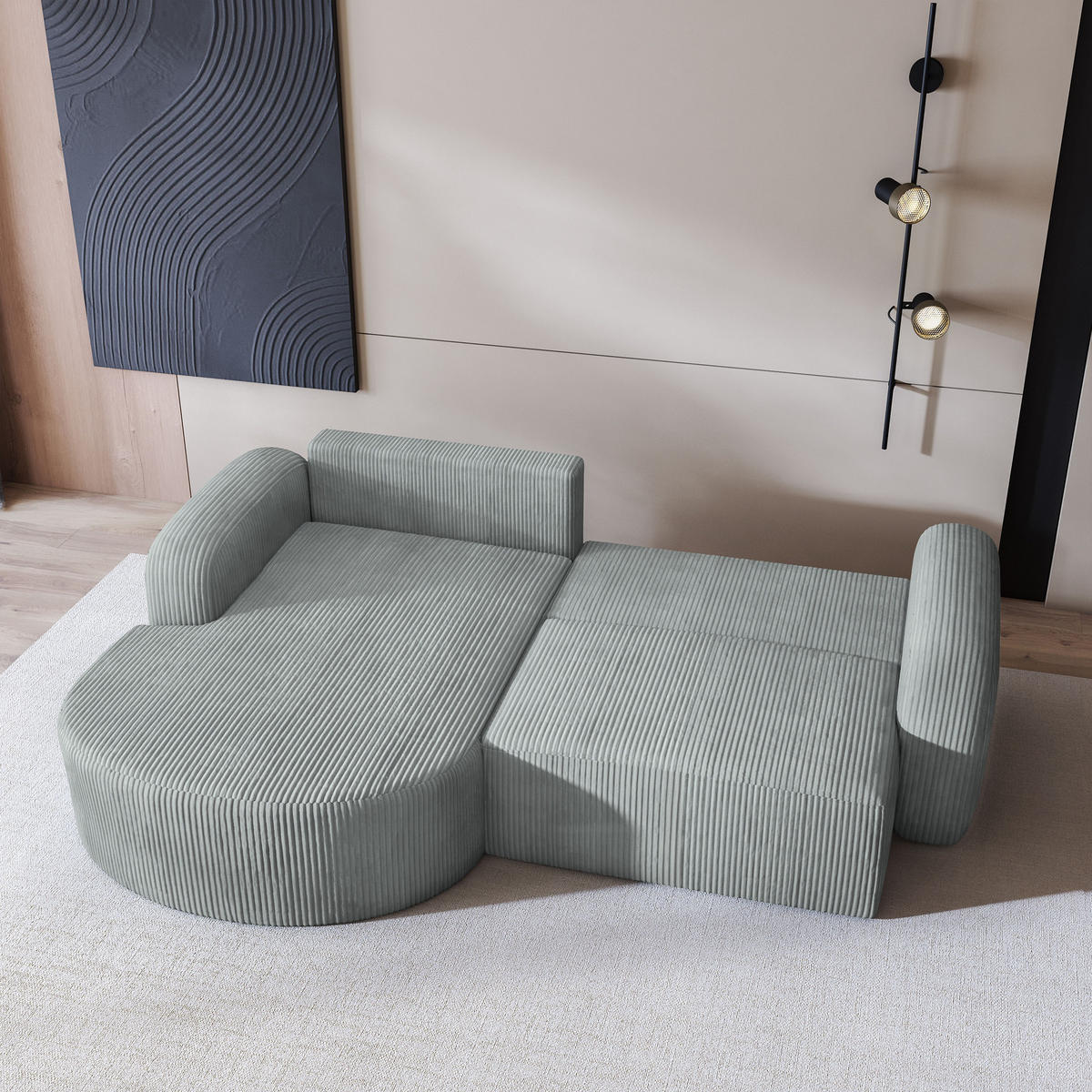 ECKSOFA AMILIA P L-S Hellgrau Kordstoff mit Schlaffunktion - Hellgrau, Holz (263/174cm) - MASSENO