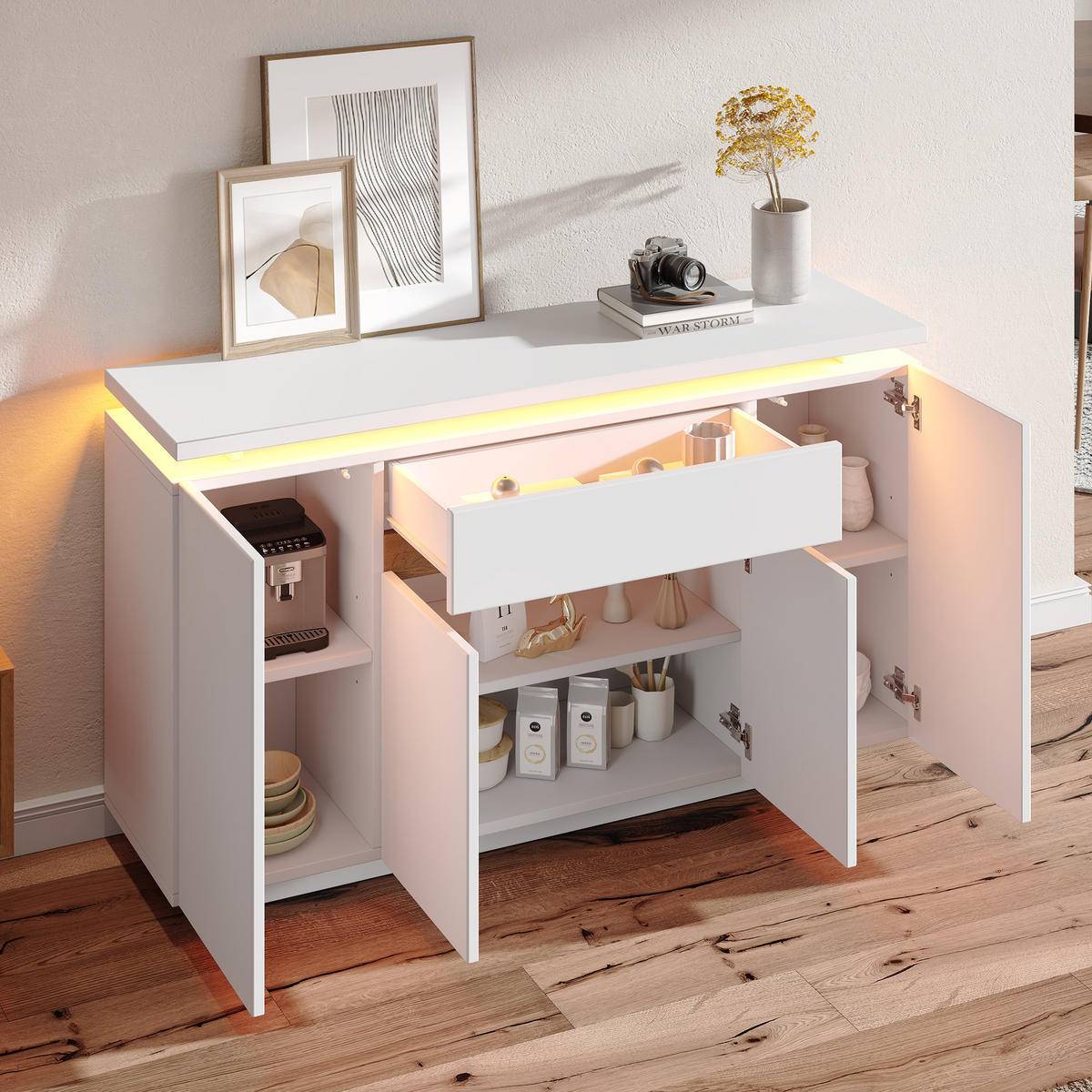 SIDEBOARD mit LED-Beleuchtung Weiß 140x40x80cm - Weiß, Holzwerkstoff (40/80/140cm) - FLIEKS