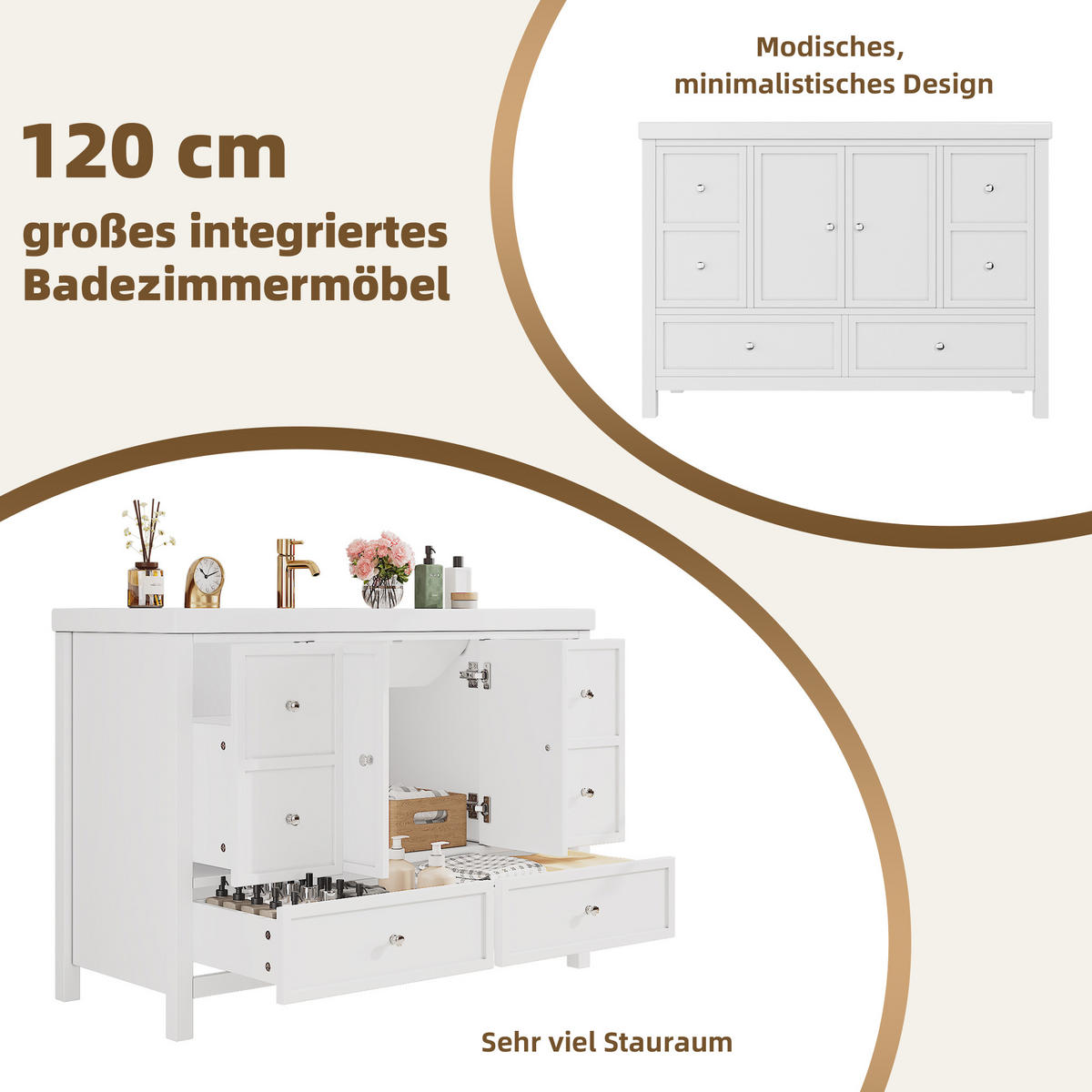 WASCHTISCHKOMBI 120/50/86.5 cm Weiß mit 4 Schubladen, ohne Wasserhahn - Edelstahlfarben/Weiß, Holz/Holzwerkstoff (50/86.5/120cm) - Oxeza