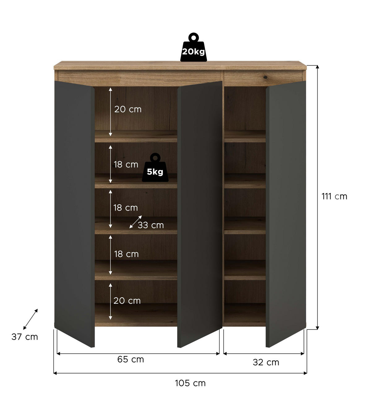 UNIVERSALSCHRANK SCARPA (B/H/T: ca. 105/111/37 cm) in Evoke Oak Nachbildung/anthrazit - Eichefarben, Holzwerkstoff (105/111/37cm)