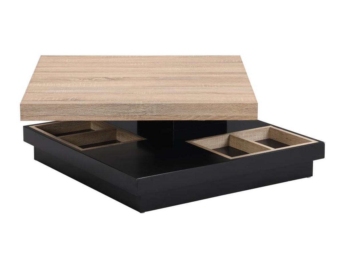 COUCHTISCH mit drehbarer Tischplatte - MDF - Schwarz lackiert & Naturfarben - FAUSTO - Schwarz, Holz (80/80/34cm) - Vente-Unique
