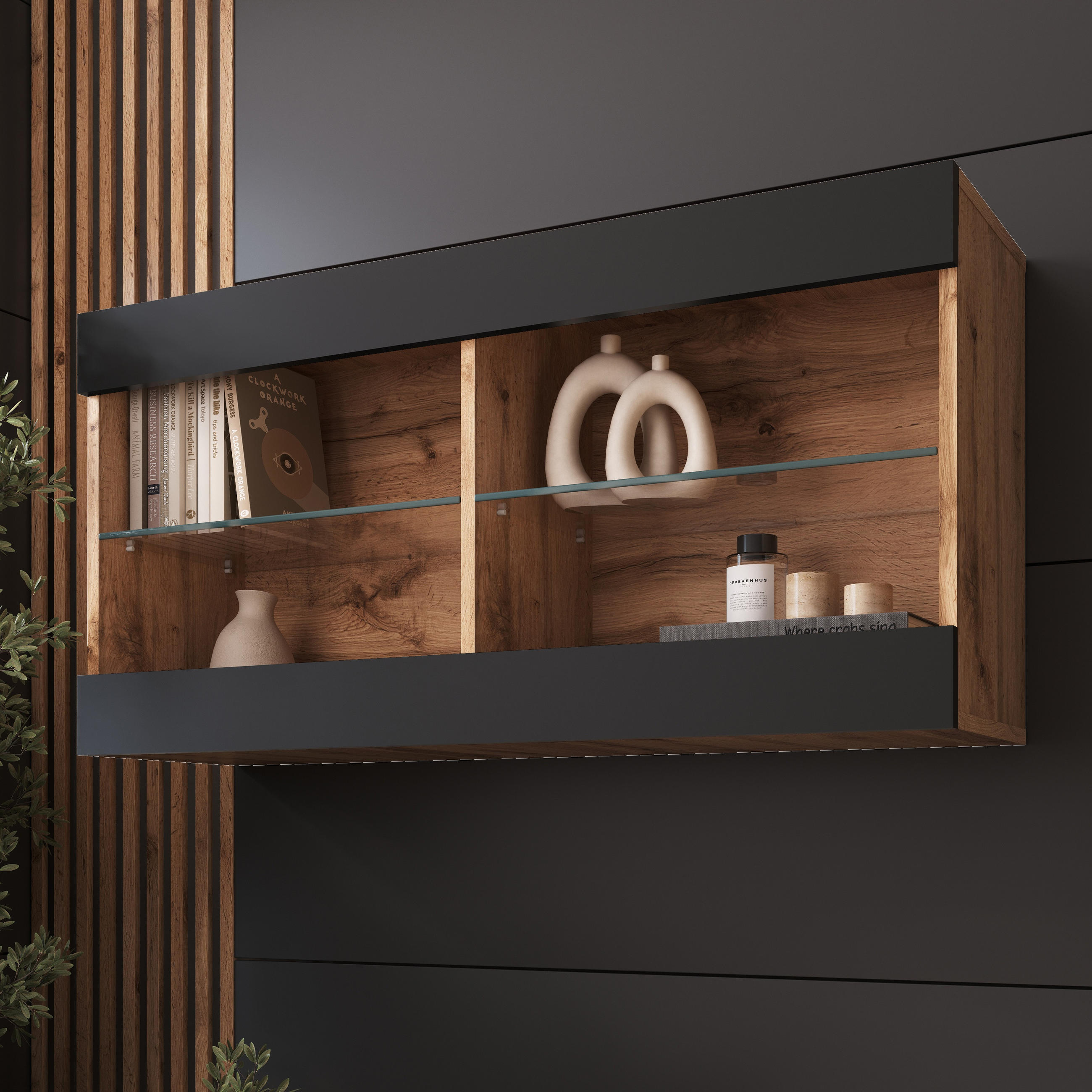 HÄNGEVITRINE TIVOLI HORIZONTAL 100, Schwarz - Eiche Wotan/Schwarz, Glas/Holzwerkstoff (100/50/29.5cm) - Komodee