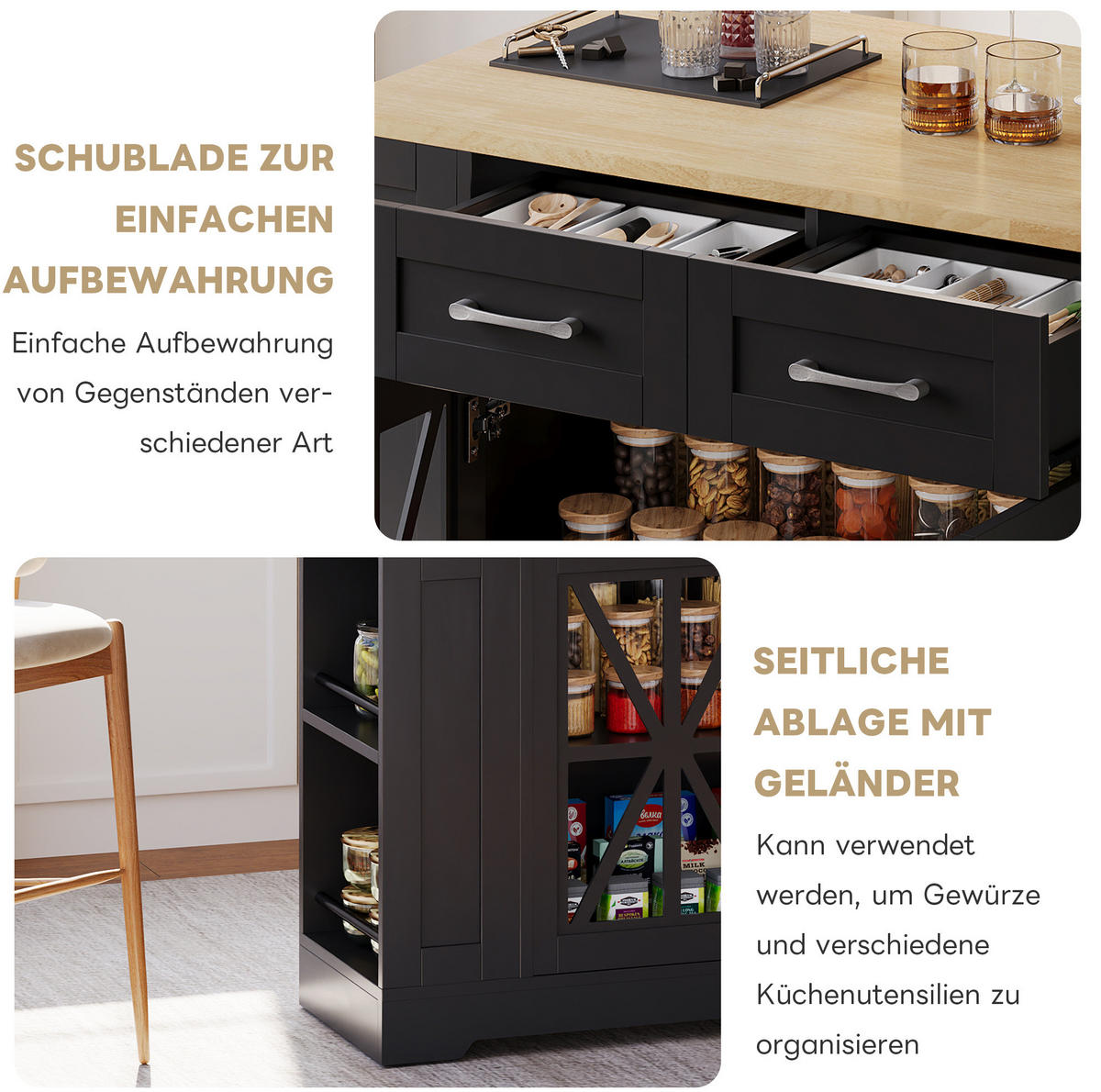 KÜCHENINSEL mit Klapptisch 120 x 40/65 x 92 cm MDF Black/Natural - Schwarz, Holz (65/92/120cm) - Beauniv