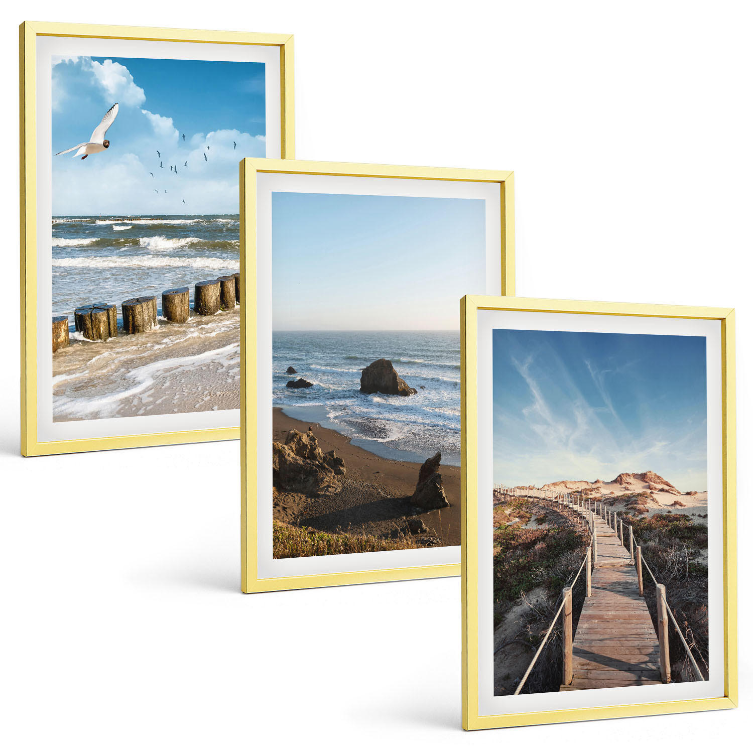 BILDER SET 3er Set - 40x60 cm Goldrahmen - Strandwellen, Himmelsbrücke, Spaziergang - Goldfarben, Kunststoff (40/60cm) - TULUP