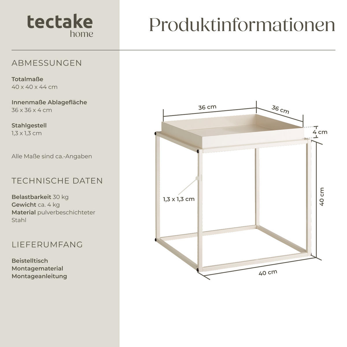 BEISTELLTISCH Cambridge,40 x 40 x 44 cm,creme - Creme, Metall (40/40/44cm) - tectake