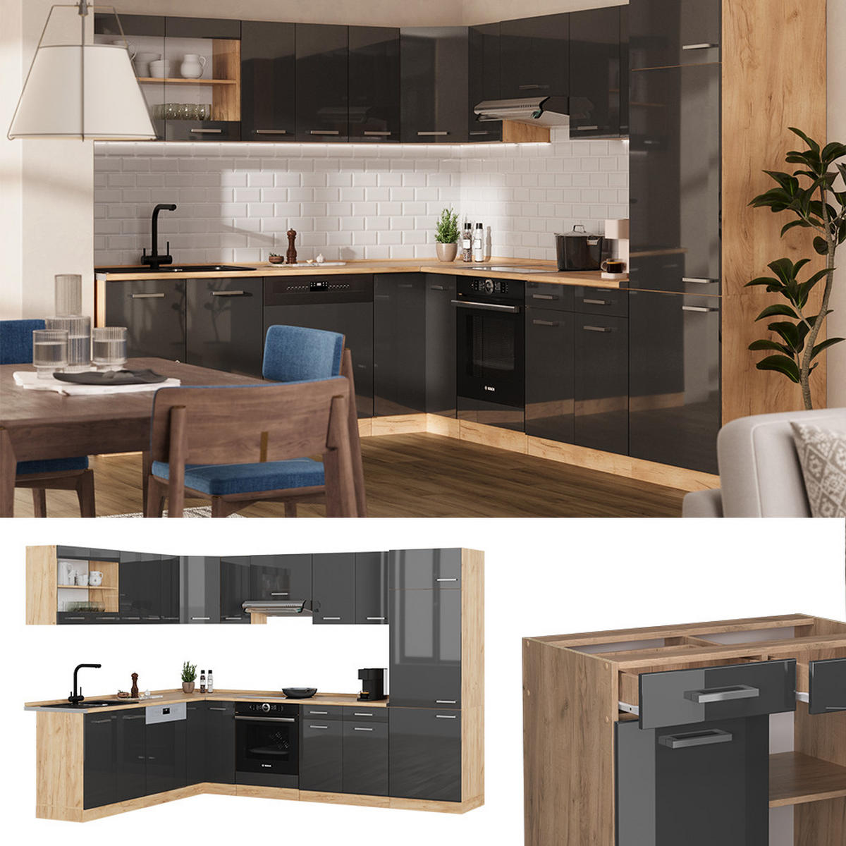 ECKKÜCHE R-Line Anthrazit Hochglanz/Goldkraft Eiche 227 x 287 cm ohne AP - Honigeiche/Anthrazit, Holzwerkstoff (287/81.6/46cm) - Vicco