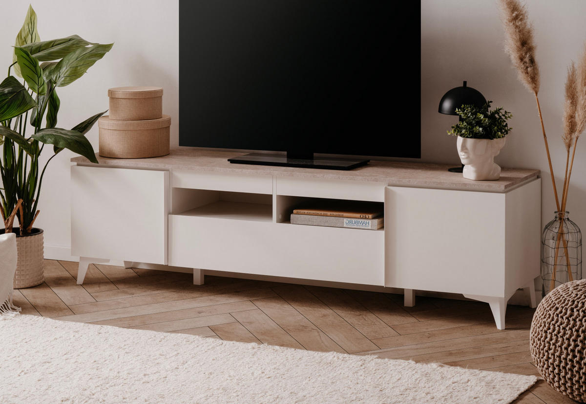 TV-LOWBOARD weiß, Sandstein 177 cm, TV-Unterteil mit 6 Fächern - Sandfarben/Weiß, Holzwerkstoff/Kunststoff (177/52/40cm) - Furn.Design