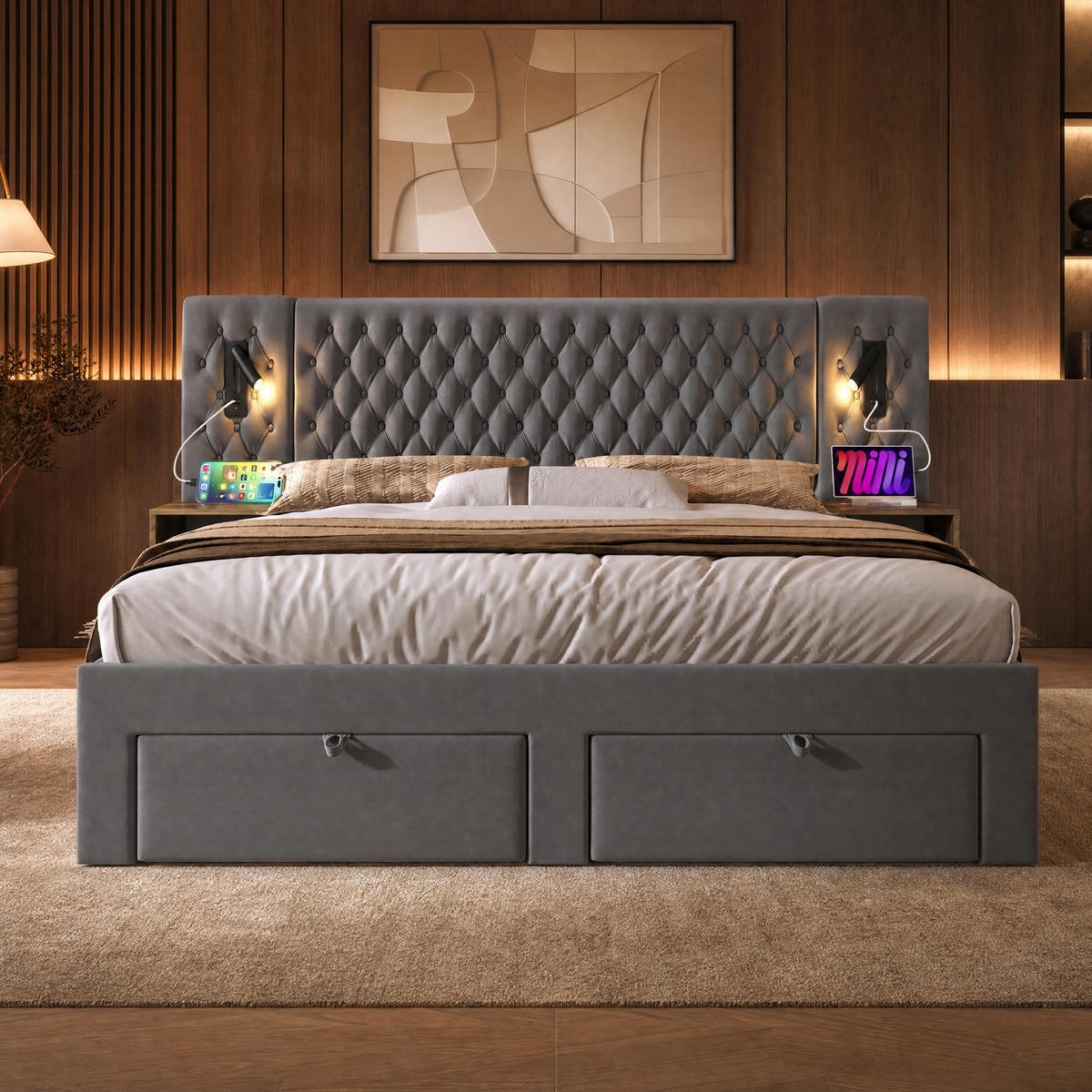 POLSTERBETT 160/200 mit Nachttischen, Schubladen und USB in Grau - Grau, Holzwerkstoff/Textil (160/200cm) - EVRYAE