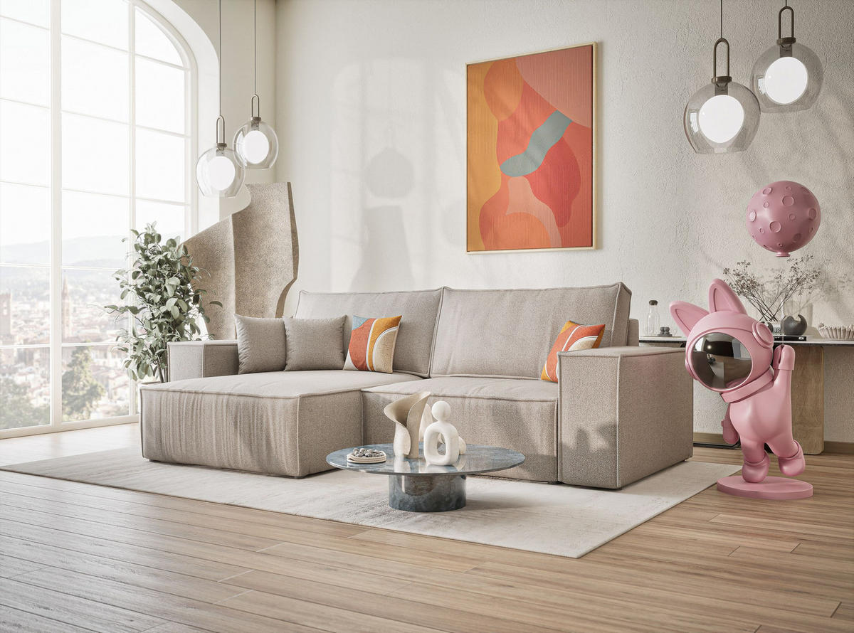 ECKSOFA MIT SCHLAFFUNKTION Zaya Seidengrau Webstoff - Beige/Schwarz, Holz/Holzwerkstoff (255/148cm) - Maison de Reve
