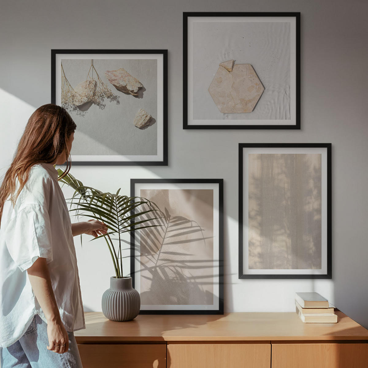 WANDBILDER 4er-Set - 50x50 cm & 40x60 cm Schwarzer Rahmen - Dezente Boho-Naturtexturen - Schwarz, Kunststoff (50/50cm) - ArtPrintCave