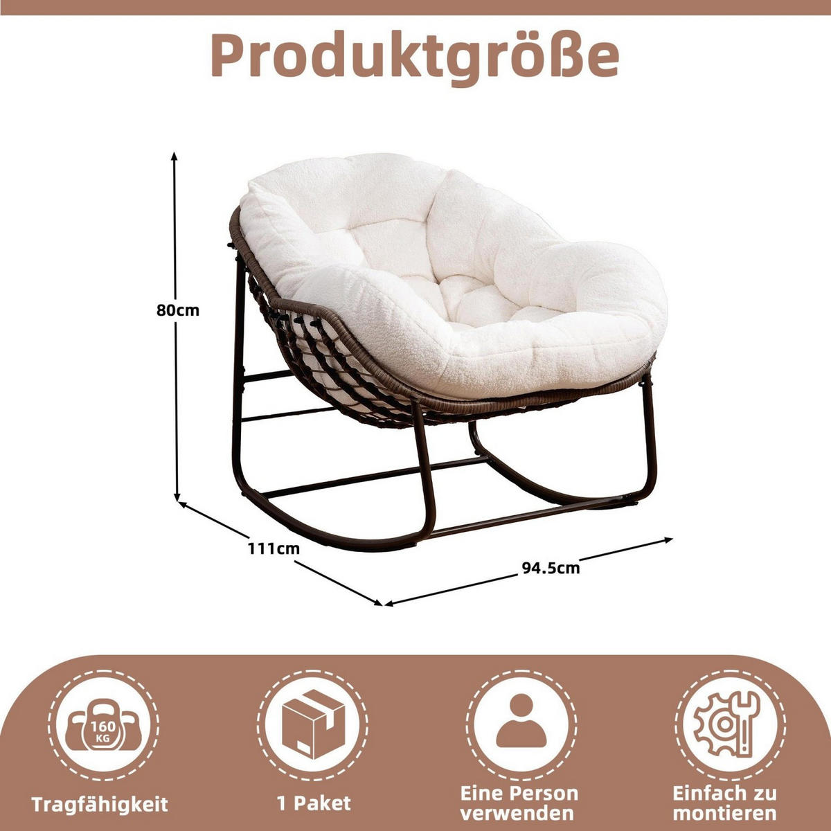 SCHAUKELSTUHL Schaukelsessel,Rattanstuhl mit Stahlrahmen,Weiß-Fleece - Weiß, Metall (94.5/80/111cm) - LVHOM