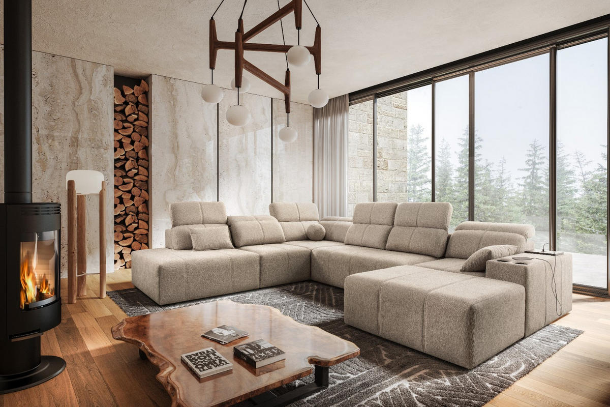 ECKSOFA Multifunktional Mindy X Stoff Verita KaltesBeige Rechts - Creme, Holz (359/300cm) - Kaiser Möbel
