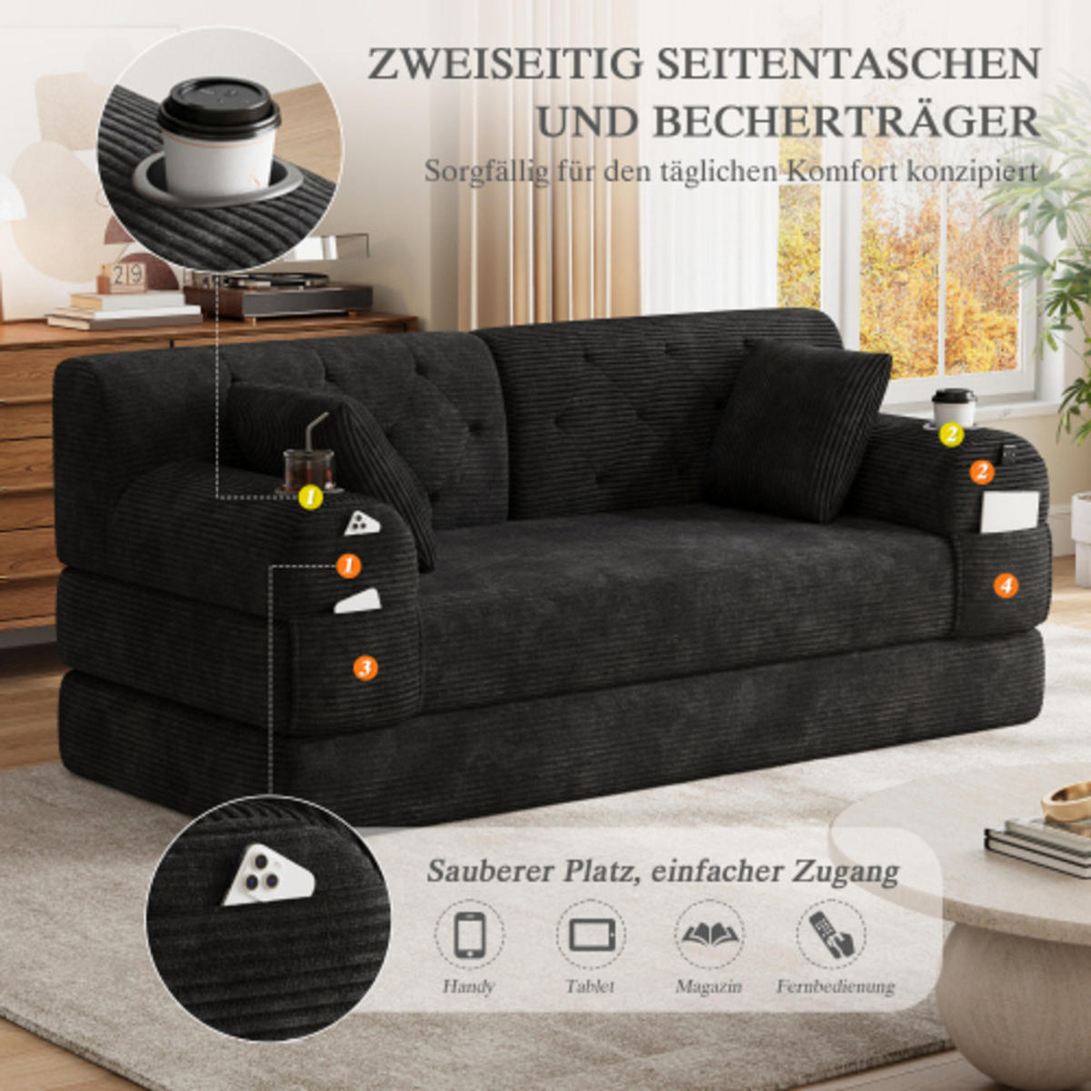 SCHLAFSOFA mit Metallrahmen schwarz 168×80×81 cm aus Cordstoff - Schwarz, Textil (80/81/168cm) - Luhomfu