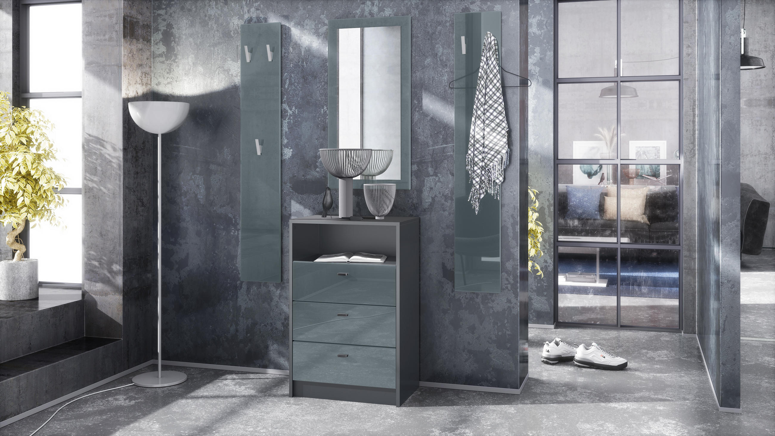 GARDEROBE Pino Grau Hochglanz - Grau, Holzwerkstoff (135/190/36cm) - Vladon