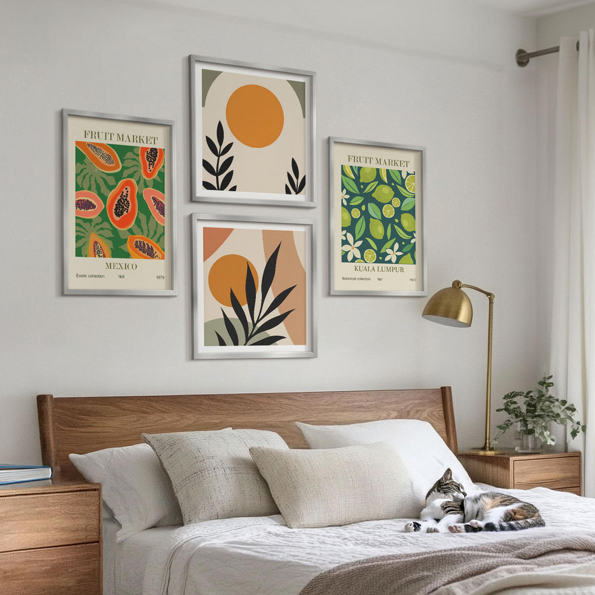 BILDER SET 4er Set - 50x50 cm & 40x60 cm Silberner Rahmen - Boho-Papaya-Fruchtmuster - Silberfarben, Kunststoff (50/50cm) - TULUP