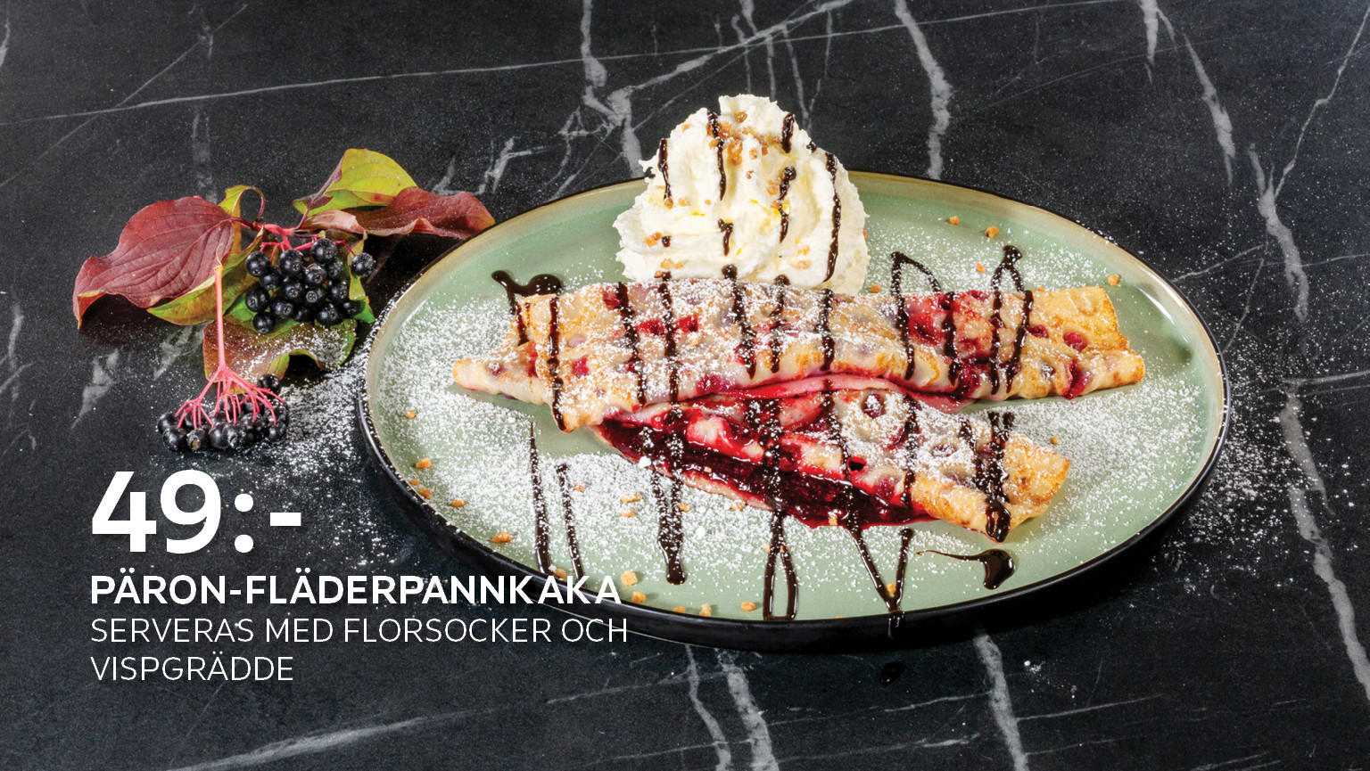 Päron-fläderpannkaka. Serveras med florsocker och vispgrädde. 49,00 SEK