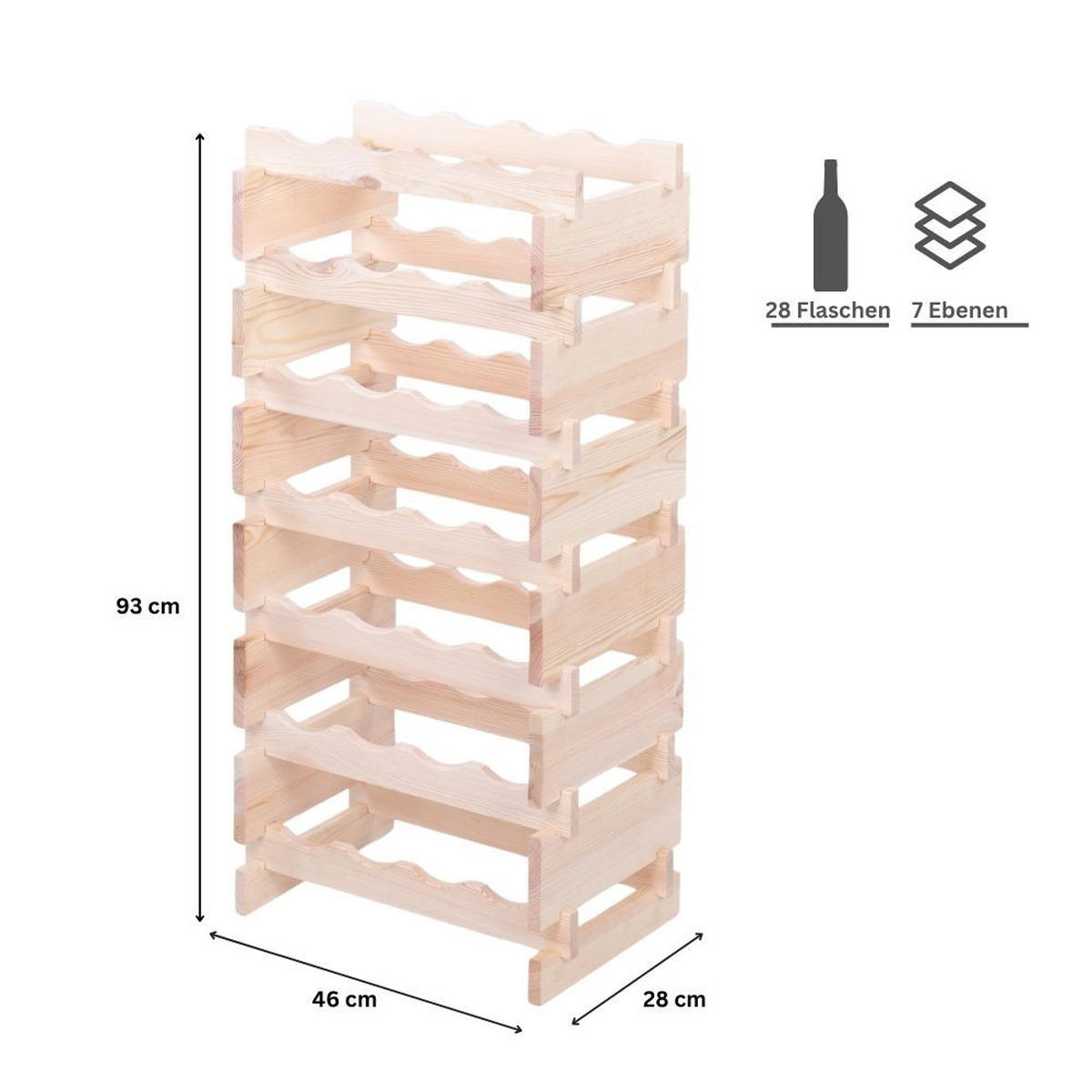 WEINREGAL VINOTECA FLEX PRO HxBxT 93x46x28cm 28 Flaschen auf 7 Ebenen Natur unbehandelt - Naturfarben, Holz (46/93/28cm) - PROREGAL