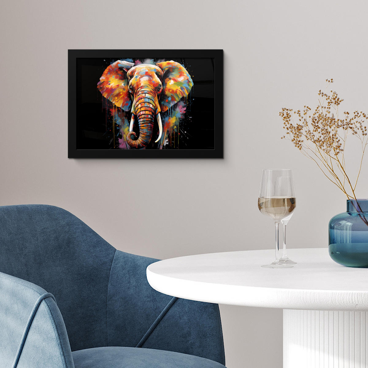 POSTER MIT RAHMEN Elefant - Graffiti - Schwarz - Tiere - Farben 30x20 cm - Schwarz, Papier (30/20cm) - MuchoWow