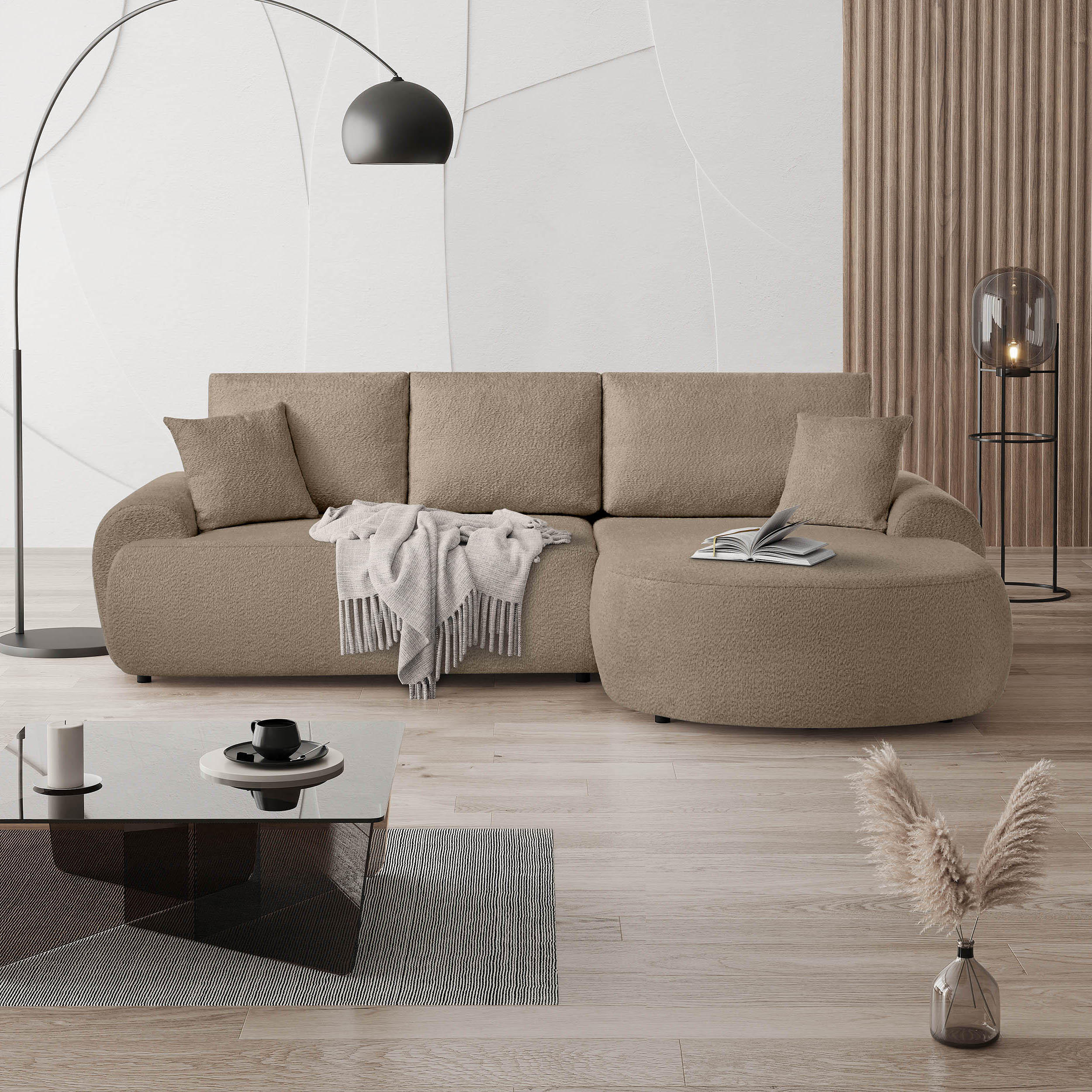 ECKSOFA Teddy L Hellbraun, Bouclé-Stoff, rechts - Hellbraun/Schwarz, Textil (270/170cm) - Beautysofa