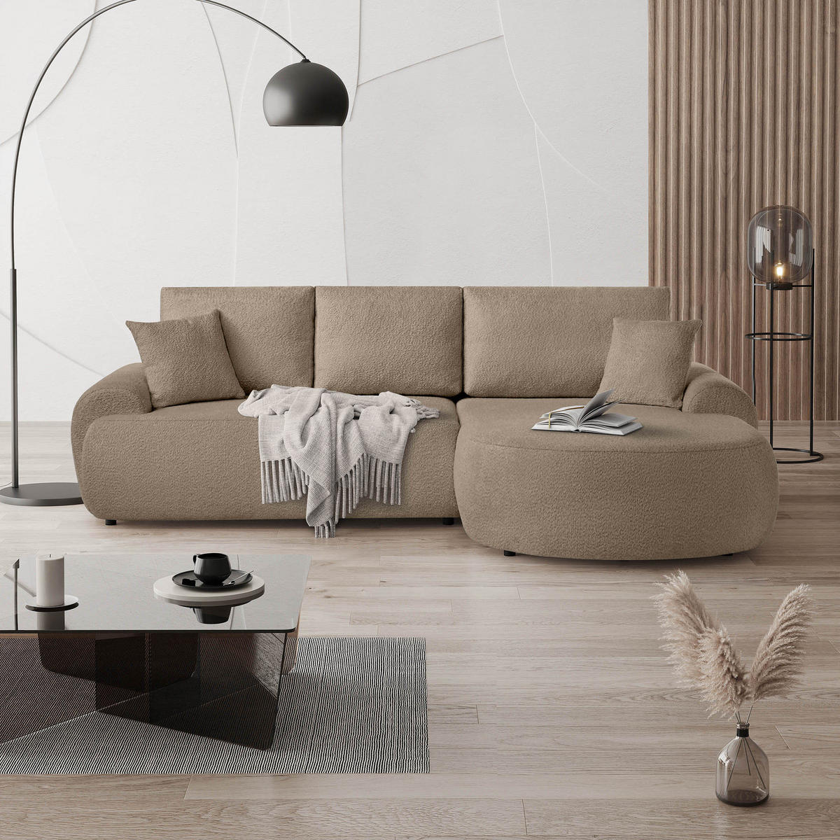 ECKSOFA Teddy L Hellbraun, Bouclé-Stoff, rechts - Hellbraun/Schwarz, Textil (270/170cm) - Beautysofa
