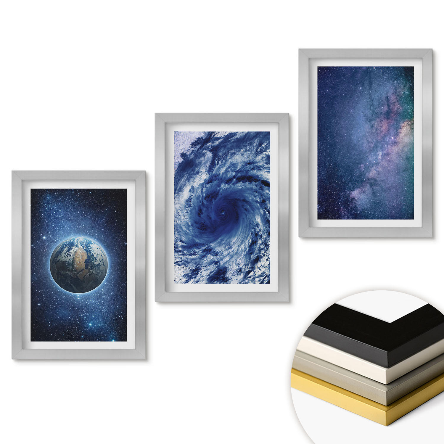 WANDBILDER 3er Set - 20x30 cm Silberner Rahmen - Erde Weltraumsturm Galaxie - Silberfarben, Kunststoff (20/30cm) - ArtPrintCave