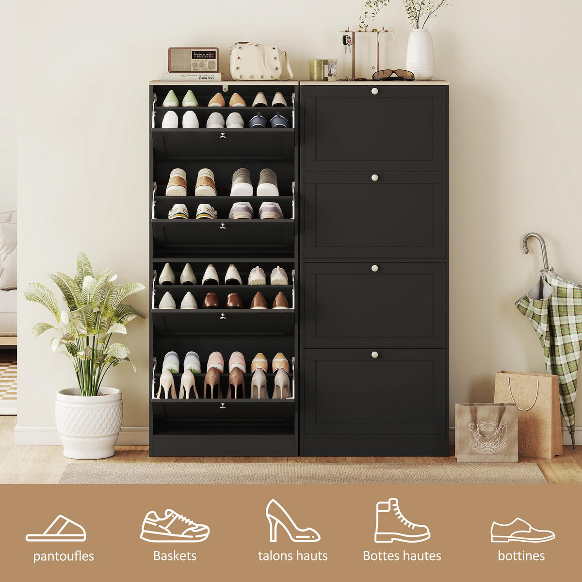 SCHUHSCHRANK Schwarz Holzwerkstoff mit 4 Klappen platzsparend 1 Stück - Schwarz, Holzwerkstoff (60/153.3/23.5cm) - PANGIVO