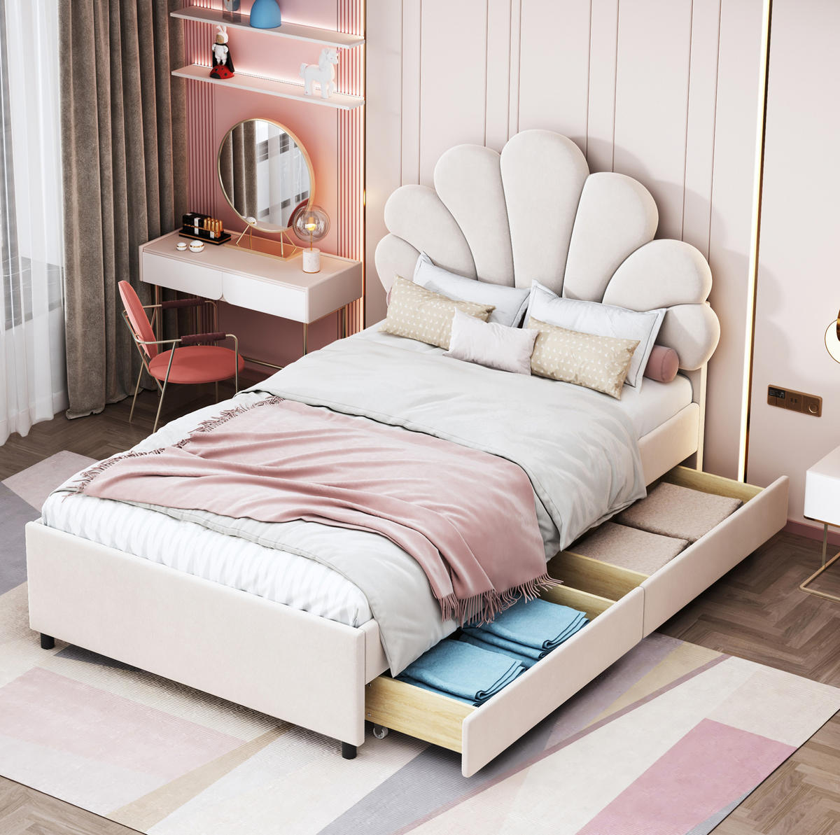 KINDERBETT 90/200 cm aus Samt mit 2 Schubladen und blütenförmigem Kopfteil Beige - Beige, Textil (90/200cm) - Modenvie