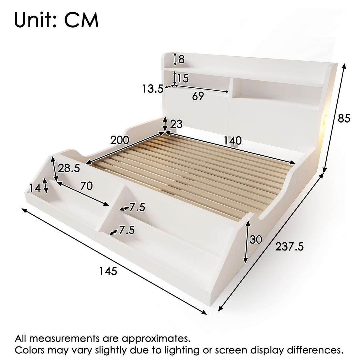 JUGENDBETT 140/200 cm in Weiß mit Regal und LED - Weiß, Holz/Holzwerkstoff (140/200cm) - WISHDOR