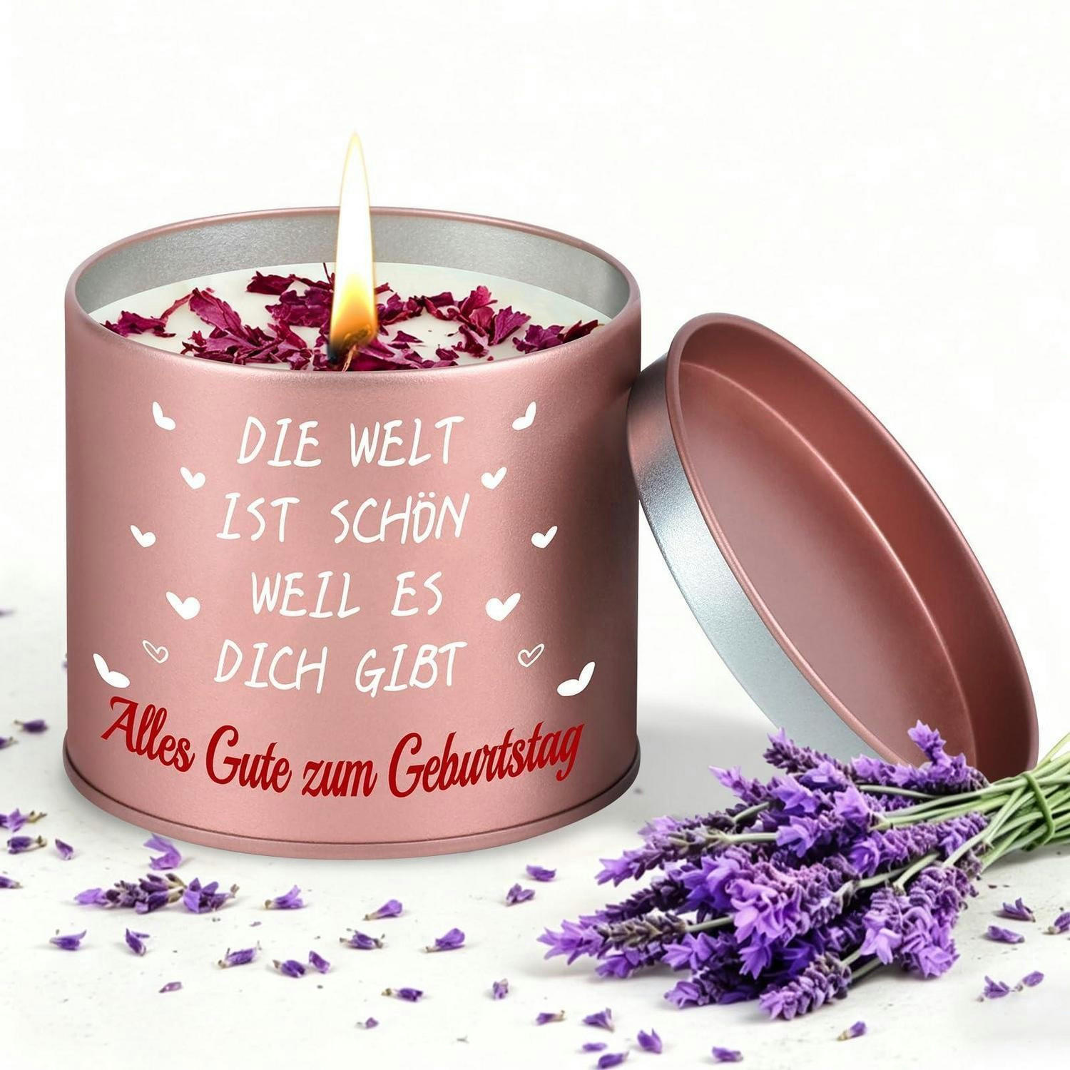DUFTKERZE Lavendel 9oz mit Spruch "Alles Gute zum Geburtstag" - Flieder, Paraffin (7.7cm)