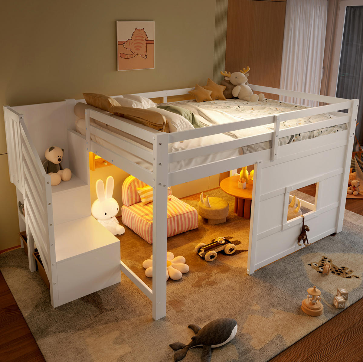 HOCHBETT 140/200 cm Weiß aus MDF, Kiefer und Sperrholz mit Stauraumtreppe und Fenster - Weiß, Holzwerkstoff (140/200cm) - OKMYHOME